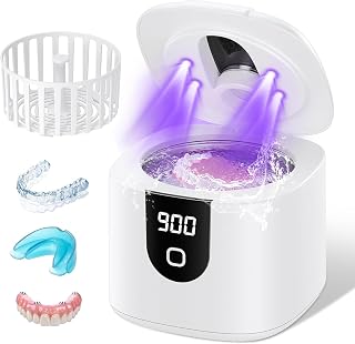 Ultrasonic Retainer Cleaner Machine, Upgraded 45kHz Ultrasonic Cleaner for Mouth Guard Braces, Night Guards, Toothbrush Heads & Jewlery with 200ML, 4 Modes and Digital Timer Dental Cleaning Pod (White)