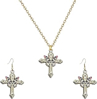 Dreuyet Butterfly Cross Earring Necklaces Set for Women Creative Alloy Bohemian Butterfly Insect Animal Necklace Vintage Cross Pendant Necklace Religious Jewelry
