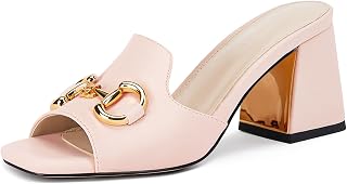 gihubafuil Women's Sandals Peep Toe Slides Chunky Heel Mules Single Band Comfort Slip-on Shoes with Metal Chain for Spring Summer