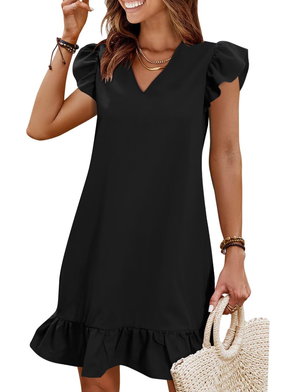 QACOHU Women Summer Summer V Neck Short Sleeve Ruffle Hem Casual Beach Dress