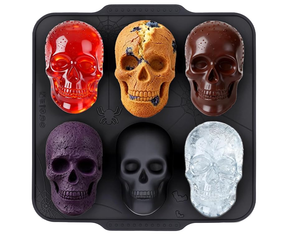PinAmigos Silicone Skull Cake Pan with Metal Framed - 6 Cavity Skull Baking Pan 