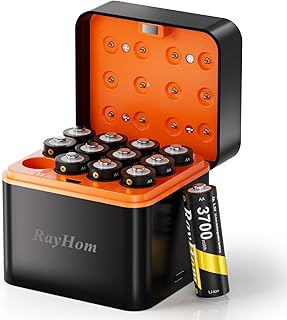 12 Pack Rechargeable AA Lithium Batteries with Charger for Blink Camera | 3700mWh High Capacity Double A Batteries,1.5V Constant Output, Cycle Times Up to 1600, with 12 Slot aa Li-Ion Battery Charger