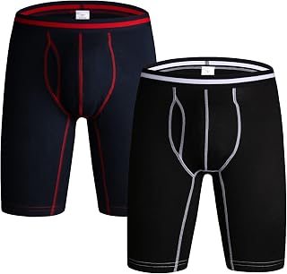 Men's Pack of 2 Stretch Cotton Boxer Briefs Long Leg Sports Underwear with Fly (S-4XL)