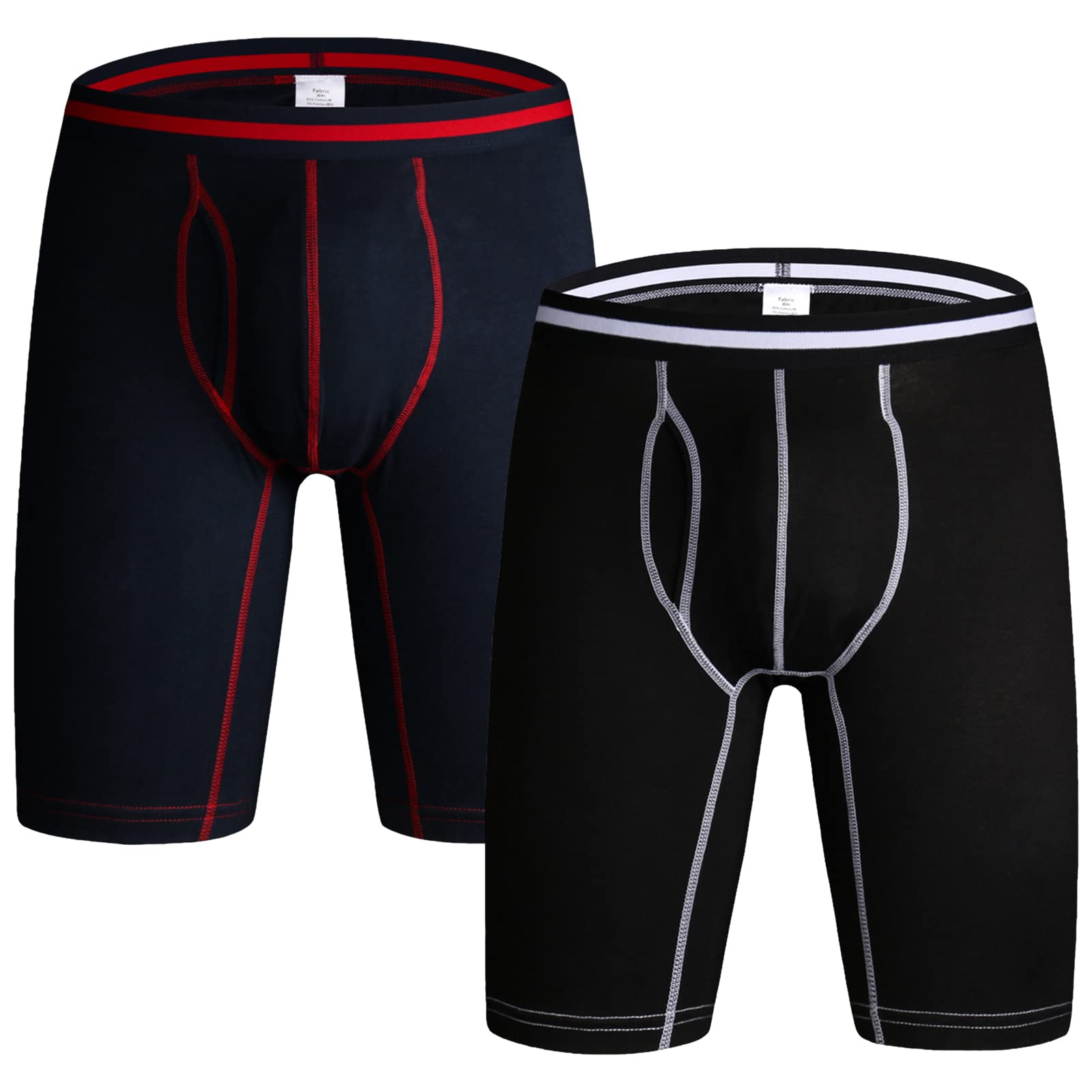 Men's Pack of 2 Stretch Cotton Boxer Briefs Long Leg Sports Underwear with Fly (