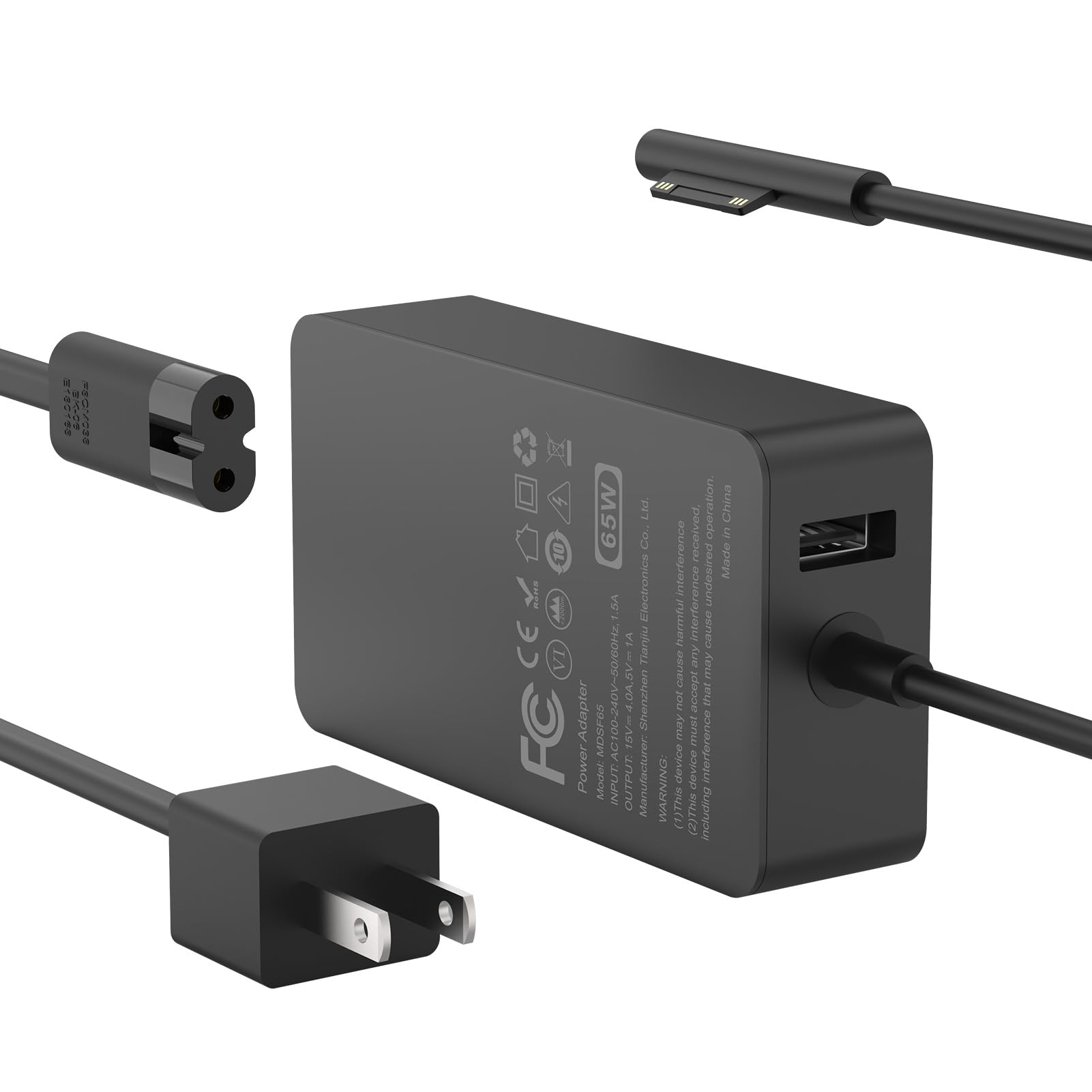 65W Charger Compatible with Microsoft Surface Pro 11, 10, 9, 8, 7+, 7, 6, 5, 4, 