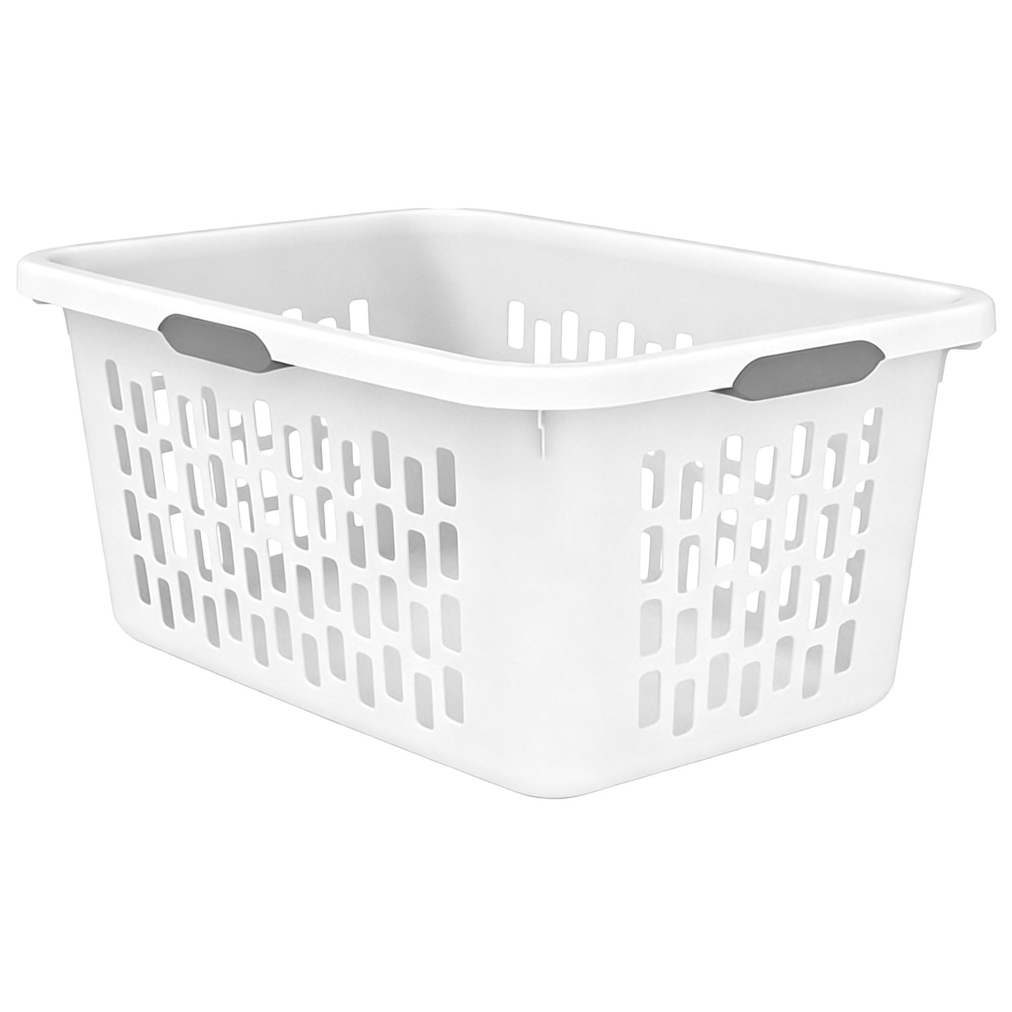 Large Plastic Laundry Basket, 70L, White, Ventilated, with Grip Handles, Rectang