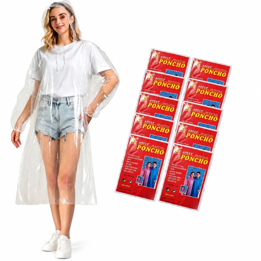 Disposable Clear Rain Ponchos for Adults with Hood | Emergency Raincoat, 152cm L