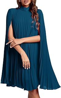 Rooscier High Neck Cape Sleeve Pleated Back Split Back Midi Party Dress
