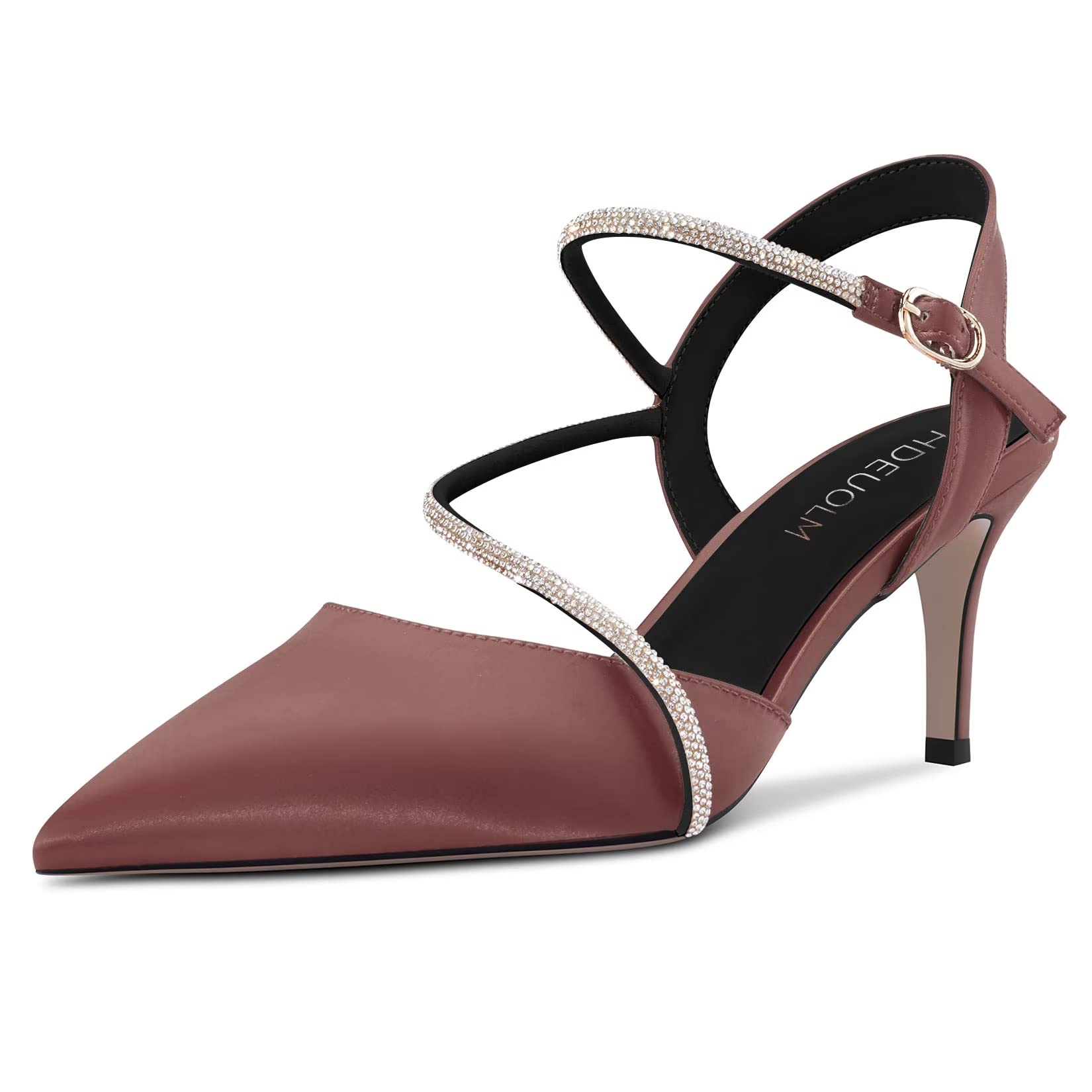 HDEUOLM Women's Needle Mid Heel Pointed Toe Sandals Slingback Diamond Crystal Pa