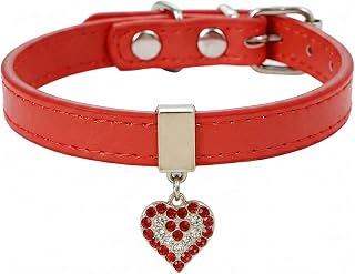 Pet Collar PU Leather Heart Rhinestone Collar with Soft Strap, Adjustable Fit Lightweight Comfortable for Small Dogs and Cats, Red, S