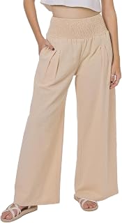 Lofbaz Women's Wide Summer Cotton and Linen Fluid Palazzo Beach High Waist Bohemian Long Lounge Pants with Pockets