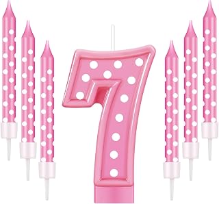 Amylove Pink Number 7 Birthday Candle Set for Girls - 3" Number Candle with 6 Polka Dot Candles, Cute Pink Princess & Cartoon Theme Cake Topper for Girl Birthday Party Decorations