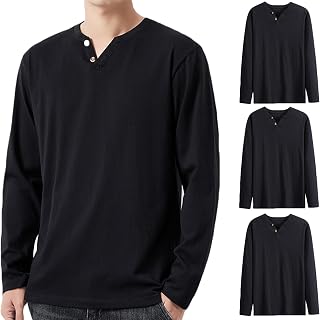 Hisitosa Long Sleeve T-Shirt, Men's, 3-Piece Set, 4-Piece Set, Autumn Clothing, Men's T-shirt, 100% Cotton, Solid, Long T-shirt, Henley Neck Fitness, Stylish, Inner Shirt, Men's Single, Underwear