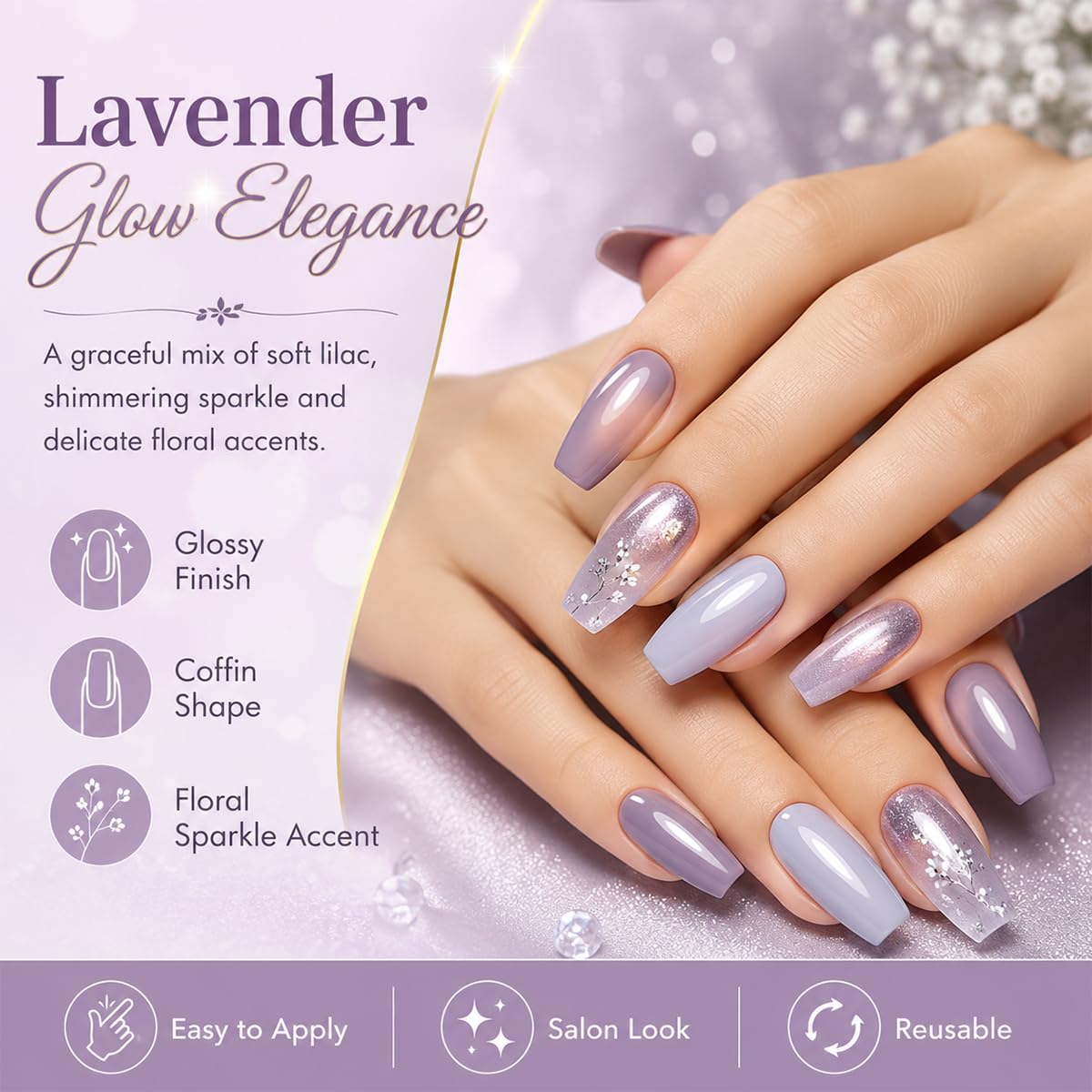 Purple Press-On Nails, Long & Square Nails, Purple Flower Design, Removable Acry
