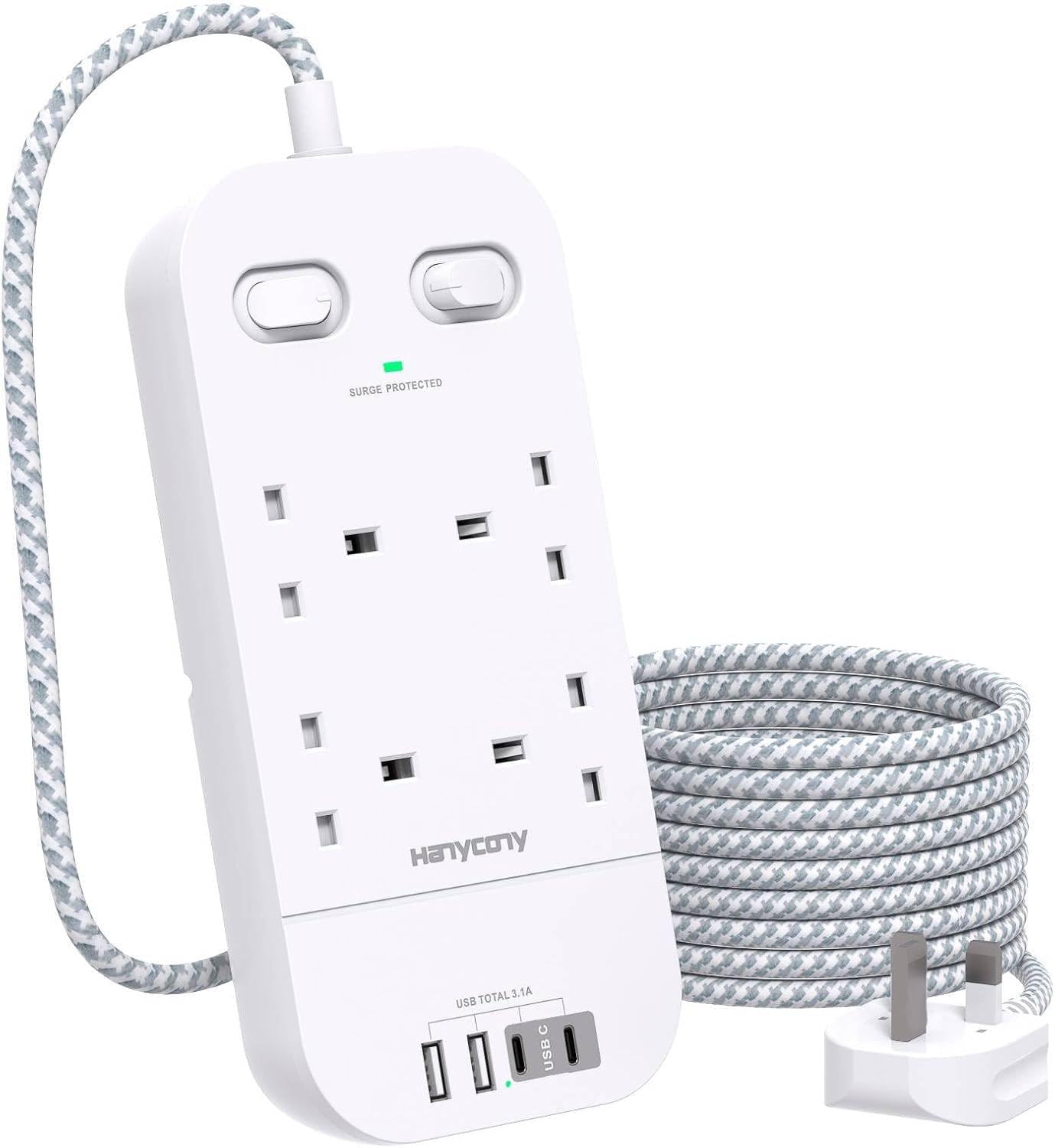 4 Way Surge Protector Extension Lead with 4 USB Slots, 1.8M Braided Cord | Multi