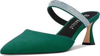 Saekcted Women's Chunky Block Medium Heel Pointed Toe Pumps Slip-on Diamante Crystal Casual Cute Slippers Fashion Shoes