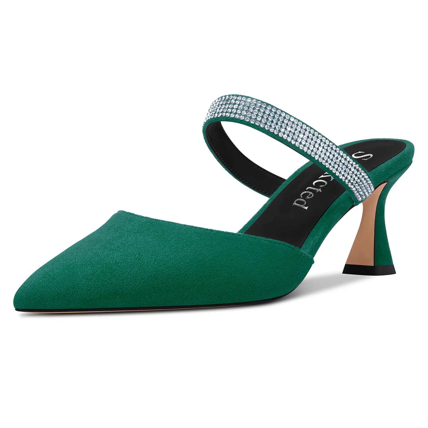 Saekcted Women's Chunky Block Medium Heel Pointed Toe Pumps Slip-on Diamante Cry