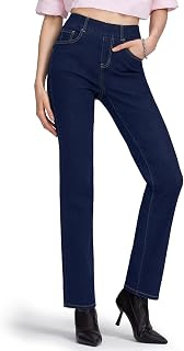Pull-On Straight Leg Jeans for Women,High Waisted Stretchy Denim Pants
