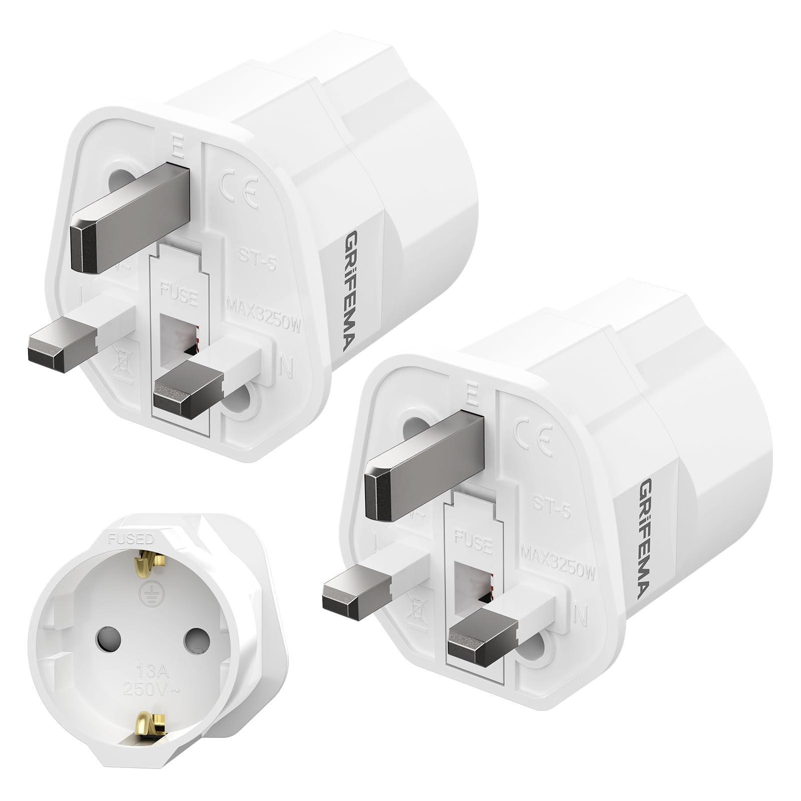 GRIFEMA EU to UK Plug Adapter with 13A Fuse 2 Pack | 2 Pin European to 3 Pin Bri