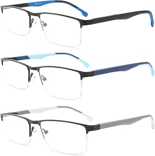 MODFANS Pack of 3 Men's Reading Glasses, Anti-Blue Light, Stainless Steel Metal, Lightweight, Clear Vision, with Case