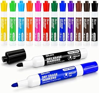 SUIN Whiteboard Pens, 12 Colours Dry Wipe Markers, Low Odour Whiteboard Markers with Medium Bullet Tip, Dry Erase Pens for Classroom, Office, Home, Revision, Planning & Colour Coding, Pack of 12