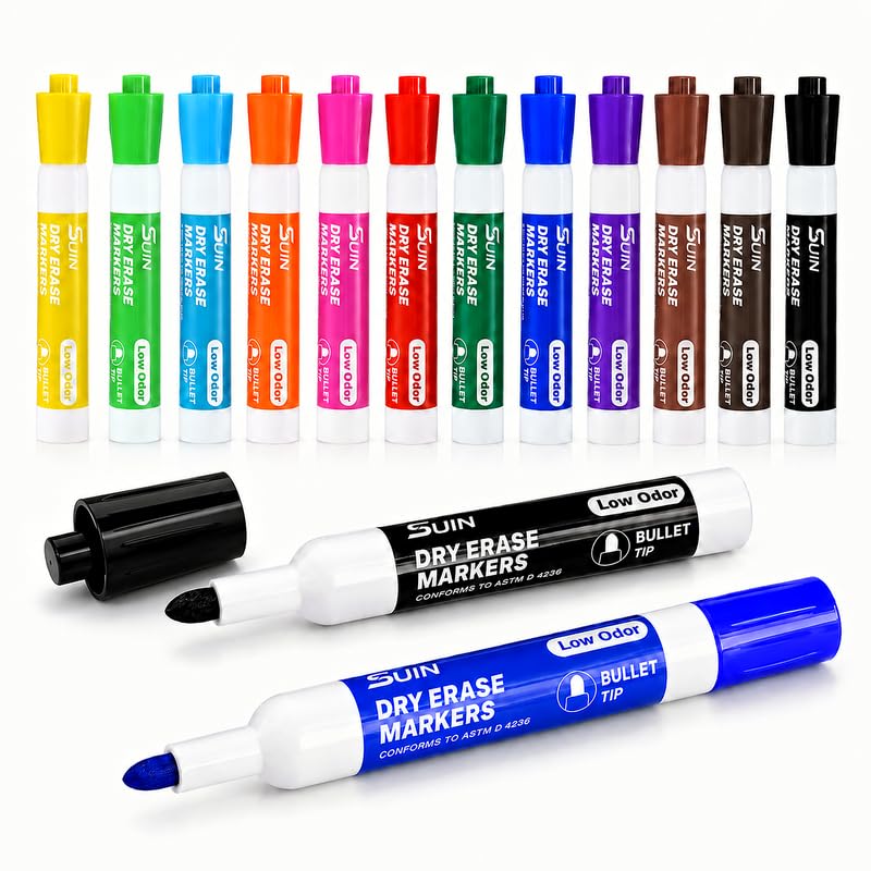 SUIN Whiteboard Pens, 12 Colours Dry Wipe Markers, Low Odour Whiteboard Markers 