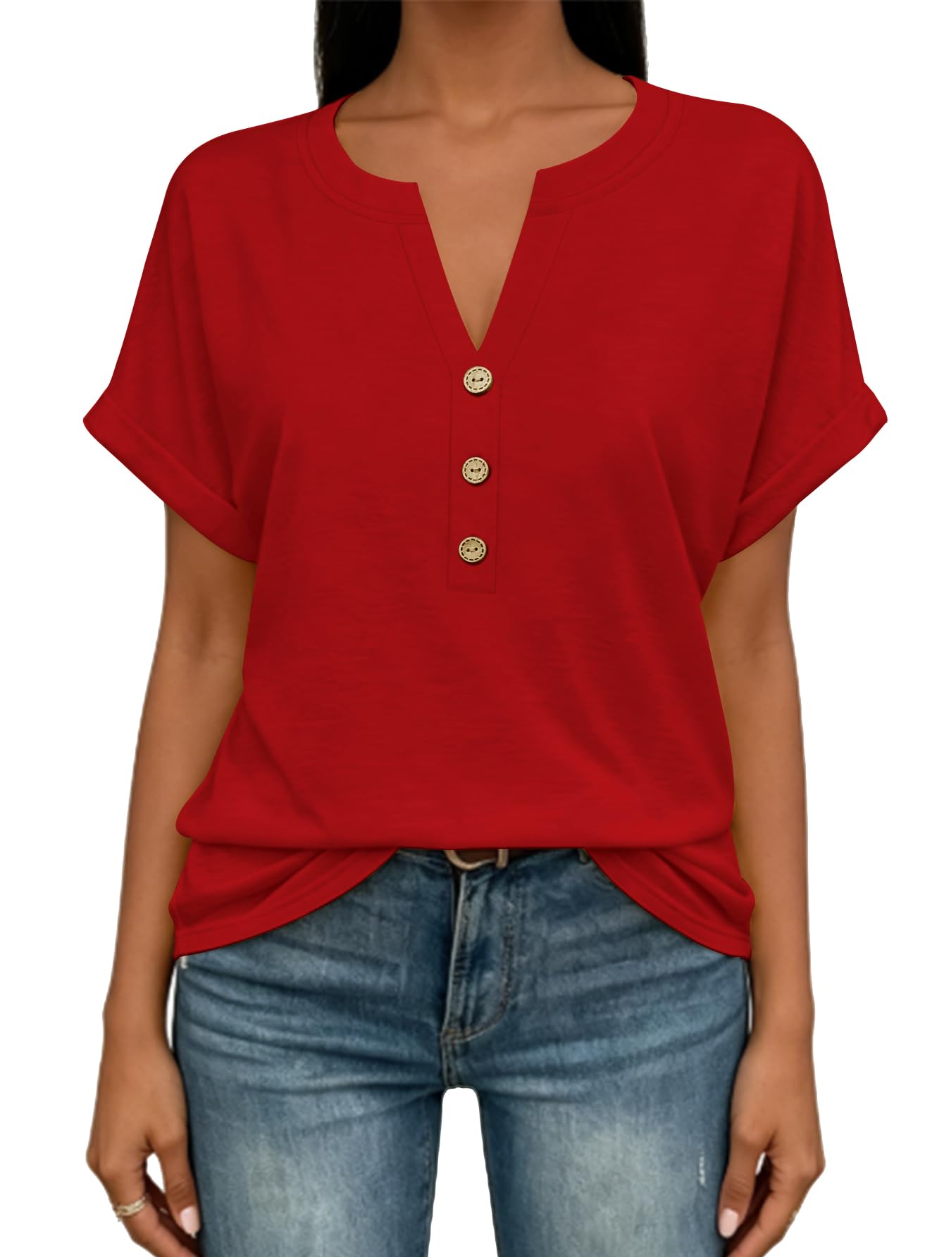 EyMuse Camisetas de verano para mujer, de manga corta, cuello en V, estilo clási