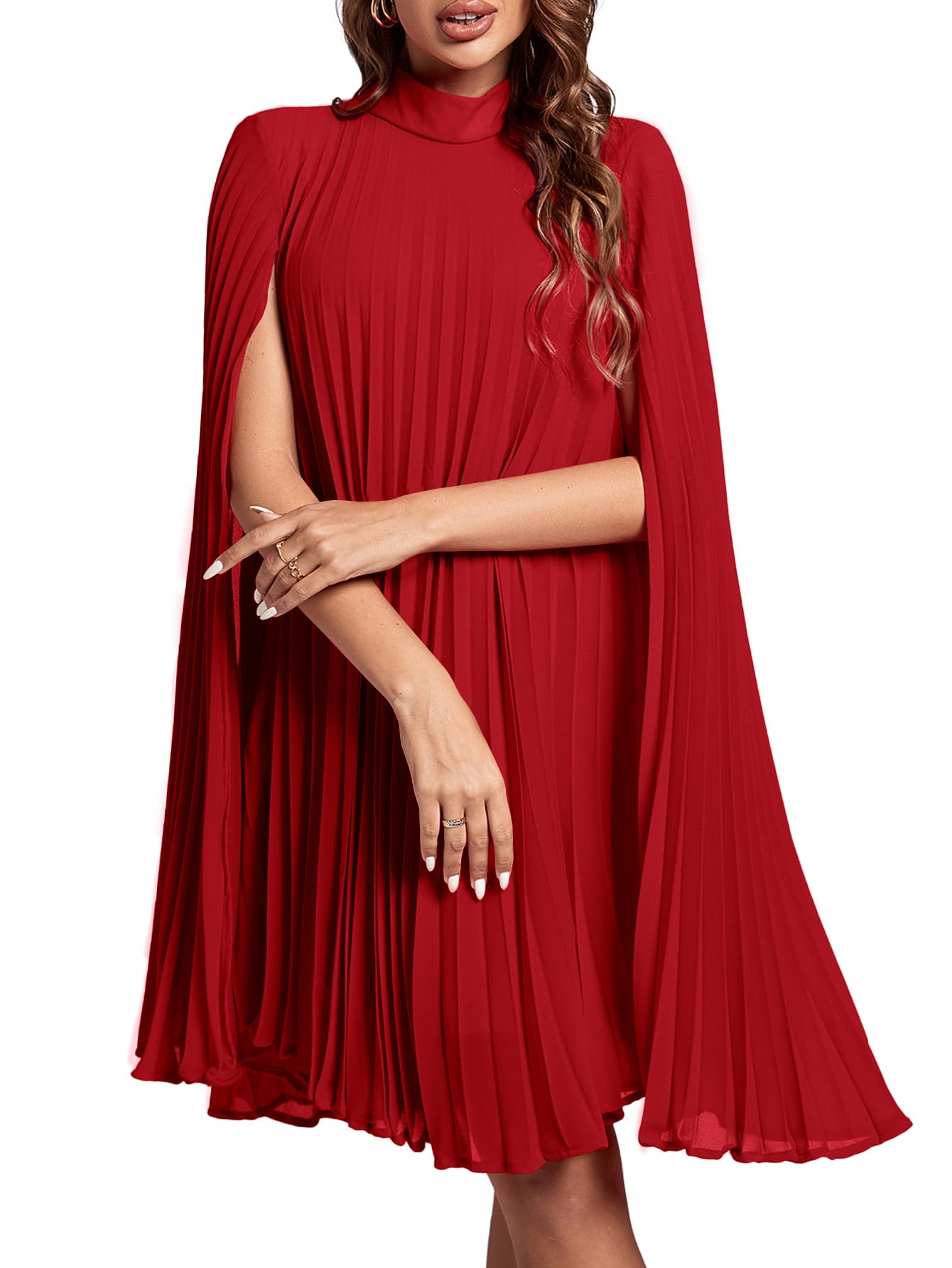 Rooscier High Neck Cape Sleeve Pleated Back Split Back Midi Party Dress