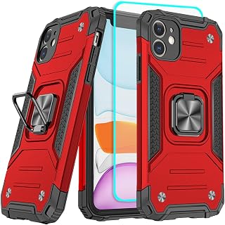 for iPhone 11 Case, iPhone 11 Phone Case with HD Screen Protector, HNHYGETE 360°Military Grade Rotatable Kickstand (Heavy Duty) Shockproof Protective Cases for iPhone 11 (Red)