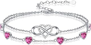 Infinity Heart Birthstone Charm Link Anklets/Bracelets for Women 925 Sterling Silver Adjustable Anniversary Birthday Gifts Mother's Day Jewelry Gift for Mom Women Wife Her Friends