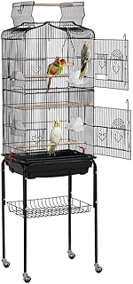 Yaheetech 64-Inch Open Top Bird Cage for Parakeets & Cockatiels, Black | Detachable Rolling Stand with Shelf, Easy Clean Slide Out Tray, 4 Feeder Doors, 0.4'' Bar Spacing, Indoor & Outdoor Use