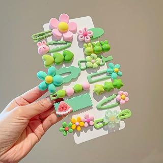 Set of 14 Heart Shaped Hair Clips Cute Bows Hair Bows Hair Accessories (Green)