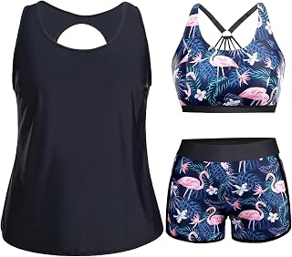 Holipick Women Plus Size 3 Piece Tankini Swimsuits Tummy Control Bathing Suits with Boy Shorts Tank Top with Sports Bra