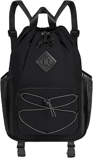 WANDF Drawstring Gym Bag Swim Bag with Removable Wet Pocket, Sandproof Beach Backpack with Compression Strap for Mat for Pool, Travel, Workout Gear (Black)
