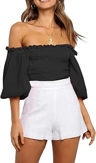 R.Vivimos Women's Summer Cotton Short Sleeves Off The Shoulder Crop Tops Ruffle Slim Blouses