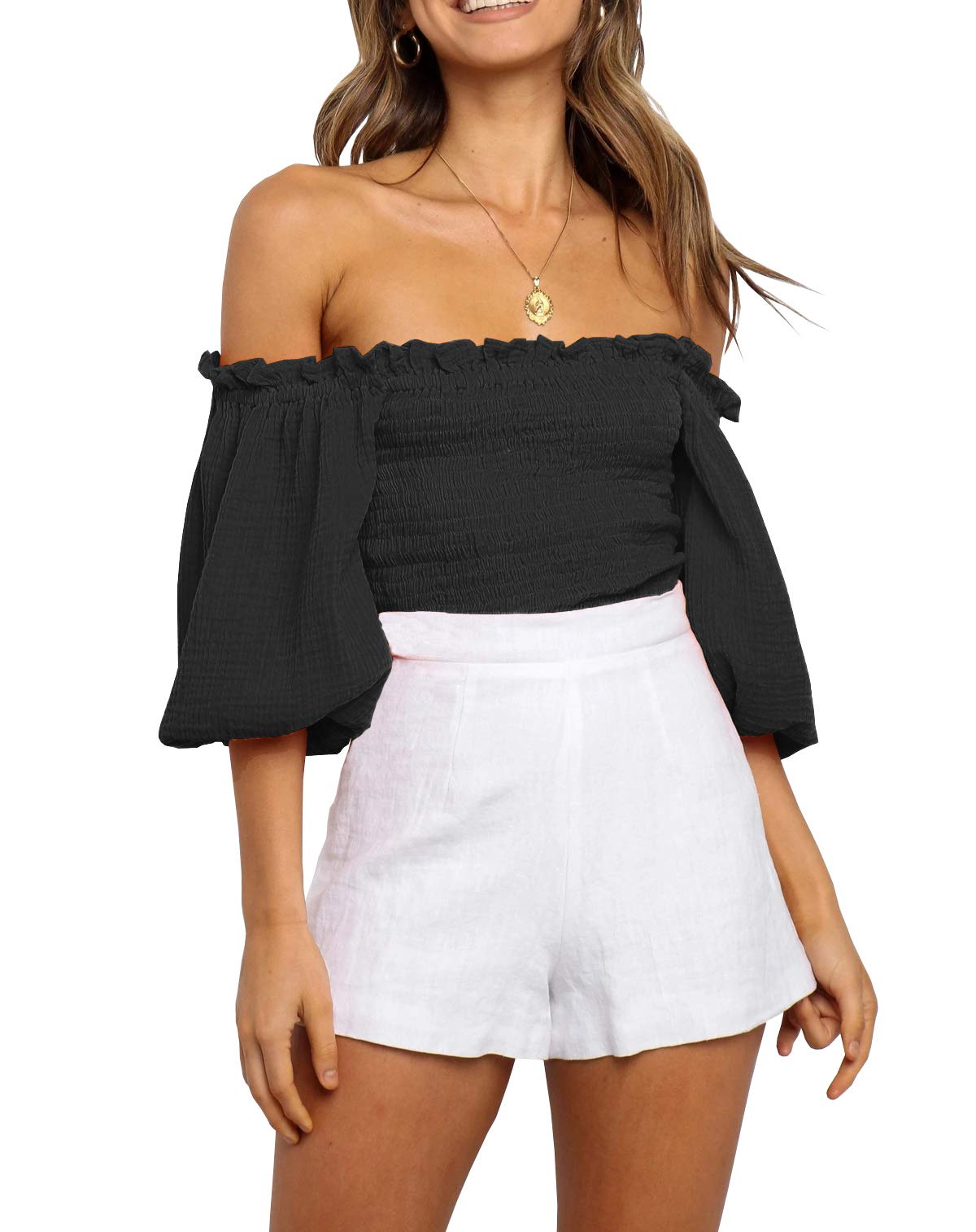 R.Vivimos Women's Summer Cotton Short Sleeves Off The Shoulder Crop Tops Ruffle 