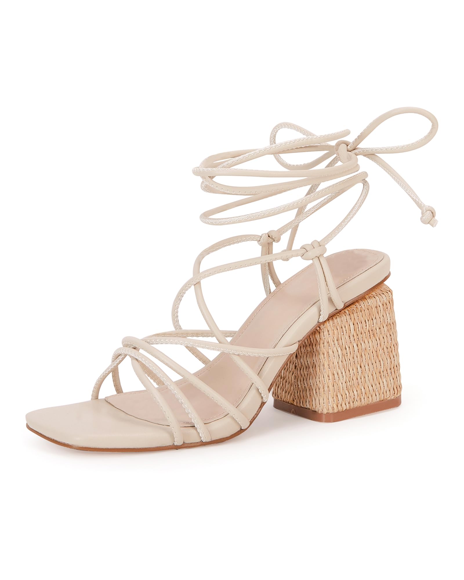 PiePieBuy Women's Lace Up Chunky Braided Heel Sandals Square Toe Strappy Ankle S