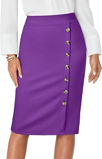 LYANER Women's Basic High Waist Pencil Bodycon Button Knee Length Straight Office Midi Skirt