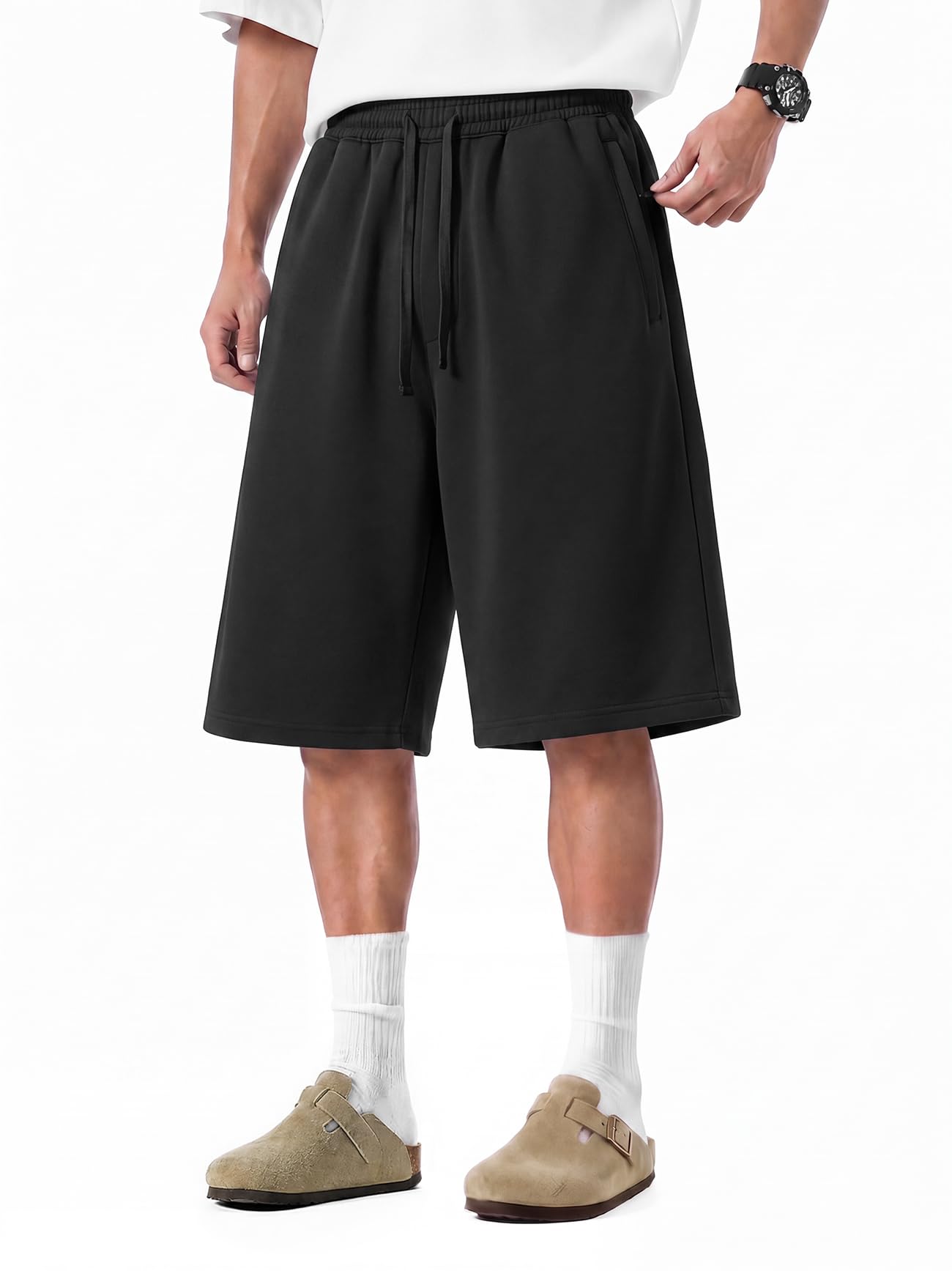Mens Baggy Jogger Sweat Shorts Zipper Pockets Long Below Knee Cotton Wide Leg Gy