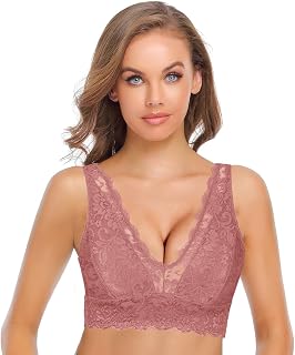 SHEKINI Elegant Women's Bralette Lace Floral Wirefree Bra with Removable Padded Deep Neckline Comfy Underwear