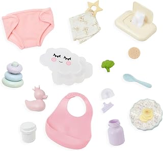 LullaBaby Baby Doll Accessories Meal Time and Changing Set, 19 Pc | 19-piece care and feeding set with bib, diaper, bottle, play food, wipes case, ducky and teether; fits most 14-inch; 2+ Years
