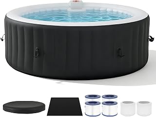 SunSwell 82" Inflatable Hot Tub 4-6 Person, Round Outdoor Spa, Black | 130 Soothing Air Jets, Heater Pump, Insulated Cover and Filter System, Leak-Proof PVC Portable Blow Up Hot Tub for Backyard