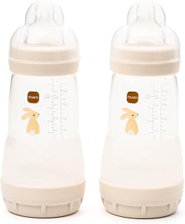 MAM Easy Start Anti-Colic Bottles, 2 x 260ml, Self-Sterilising, Linen | Baby Milk Bottle with MAM Medium Flow Teat Size 2, Newborn Essentials (Designs Vary)