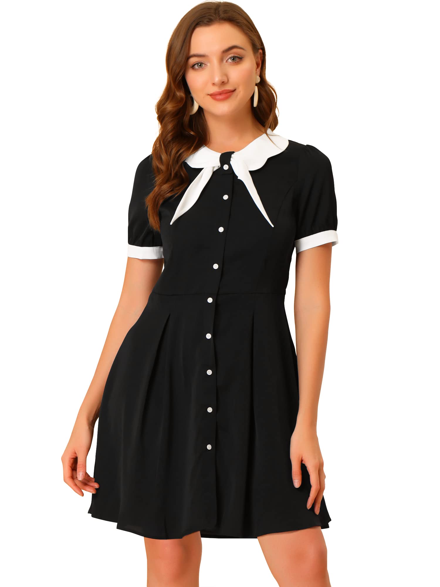 Contrast Color Dress for Women Button Front Tie Neck Dress