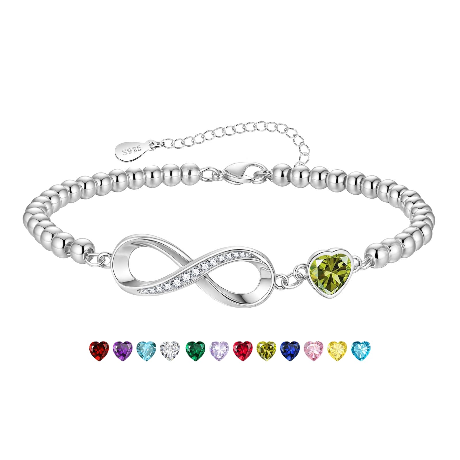 Birthstone S925 Silver Infinity Bracelet for Womens Heart Gifts for Women