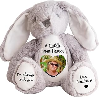 Personalised Memory Teddy Bear with Heart-Shaped Photo – “A Cuddle From Heaven” Keepsake Gift – 28 Bear Styles – Add Your Text & Choose Colour – Custom Memorial Bear (Grey Bunny)