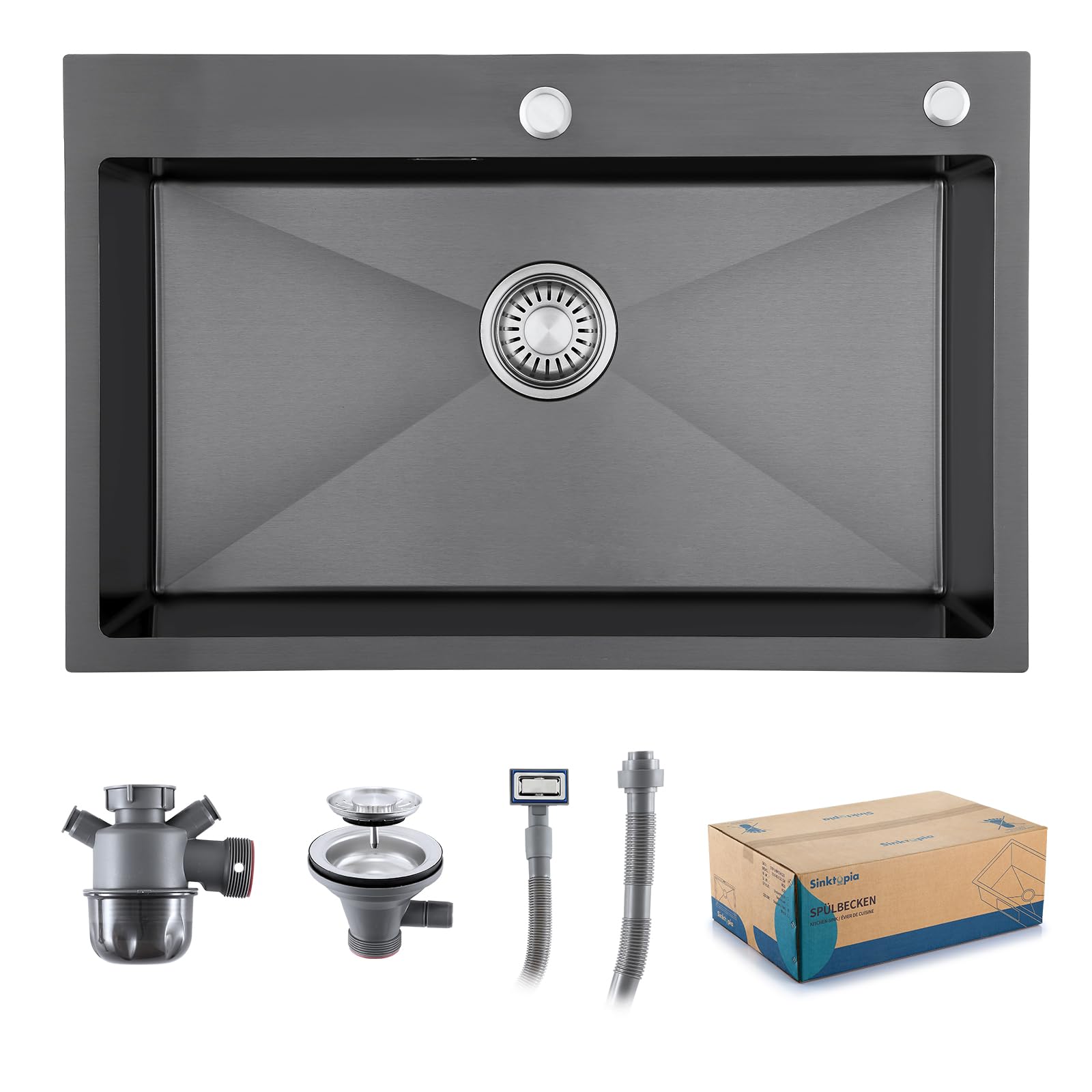 Stainless Steel Kitchen Sink with Faucet Hole Waste Kit Black 70×45 cm
