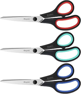 iBayam 8.5" Heavy Duty Scissors All Purpose for Office School Crafts Sewing | 3-Pack, Ultra-Sharp 2.5mm Stainless Blades, Comfort Grip Handles, Left &amp; Right Handed – Teacher Desk &amp; Classroom Must-Have