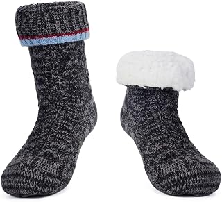 LEMZONE Men's Warm Slipper Socks Non Slip Thick Fleece Grip Cabin Socks