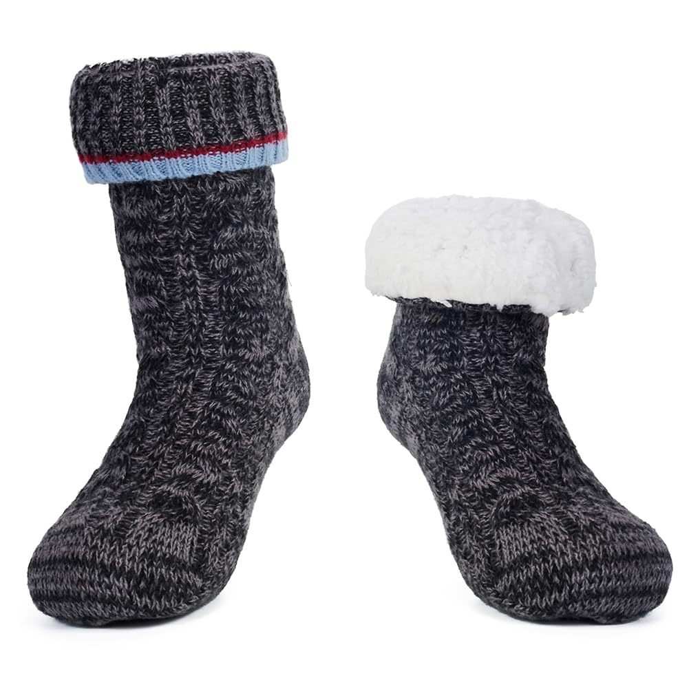 LEMZONE Men's Warm Slipper Socks Non Slip Thick Fleece Grip Cabin Socks